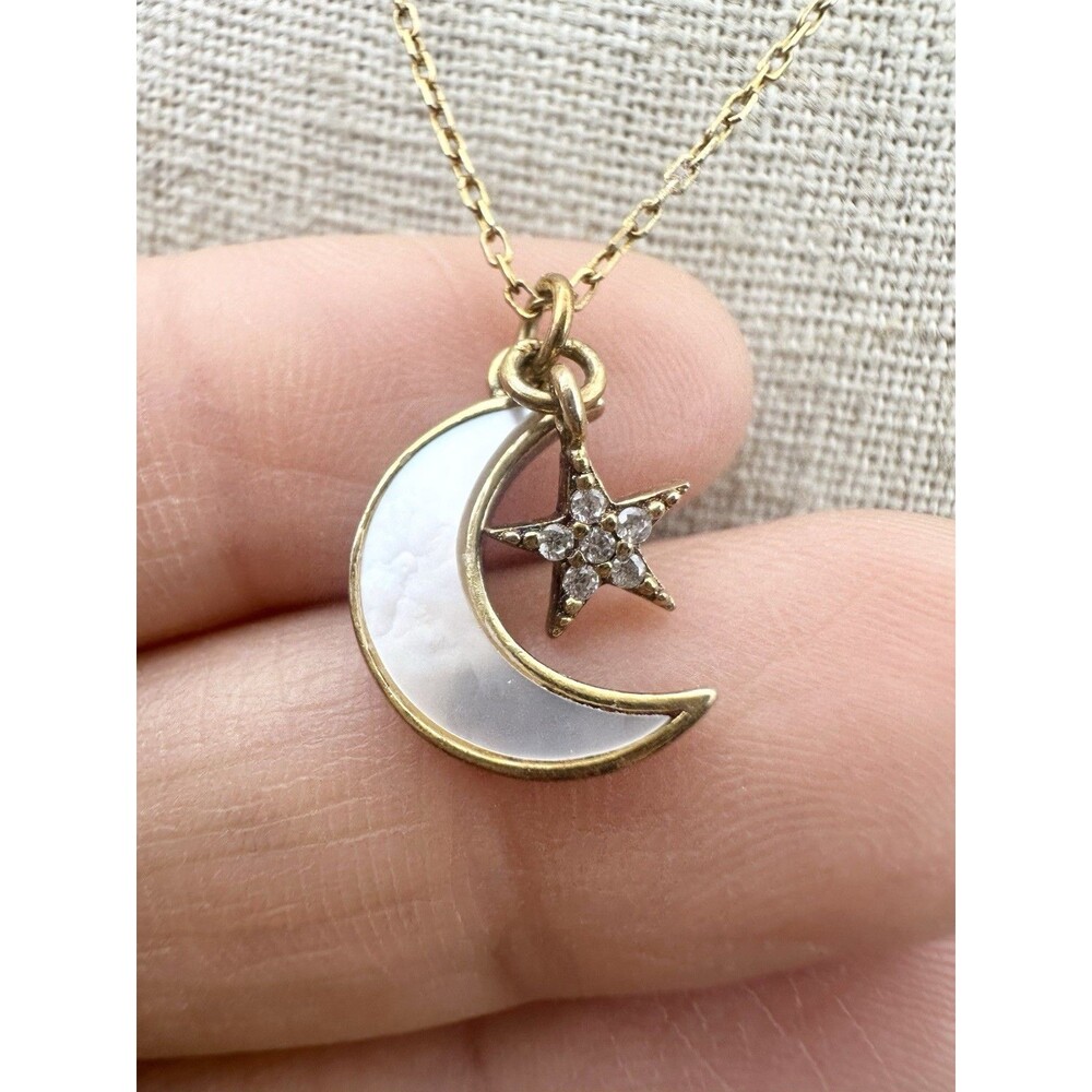 Gold Over Sterling Silver Mother Of Pearl Moon Star Charm Necklace 18”